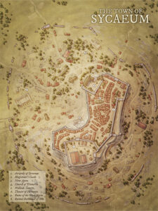 Top-down illustrated map of Sycaeum with acropolis, castle, taverns, ruins, and bathhouses – perfect for ancient or classical RPG environments.