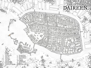 Line-drawn fantasy map of the coastal city of Daireen, featuring detailed streets, districts, and harbor. Perfect for map customization, city-based adventures, and worldbuilding projects.