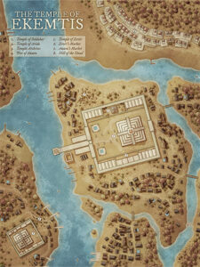 Island temple complex map of Ekemtis, surrounded by winding rivers and sacred plazas. Ideal for divine trials, elemental temples, or lost city explorations.