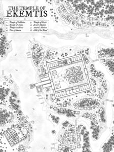 Black-and-white fantasy map of the Temple of Ekemtis, showing its grand stepped architecture and surrounding water village. Great for religious plots, ancient secrets, or tropical exploration.