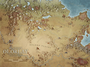 Explore the richly illustrated fantasy map of Western Olorlay, featuring clan territories, rugged mountain ranges, ancient ruins, and vast golden plains – perfect for tabletop RPG worldbuilding, lore development, and campaign settings.
