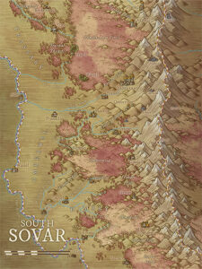 Mountain-border map of South Sovar, marked with fortress towns, deep forests, and winding rivers. This region of political tension and natural majesty suits borderland conflicts or dwarven stronghold campaigns.