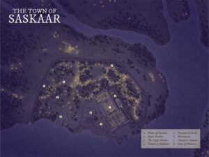 Nighttime map of Saskaar, nestled between waterways and forests. Highlights include the Royal Garden, High Market, and Pyramid of Zevrin—perfect for palace intrigue or underworld dealings in a shadowy city.