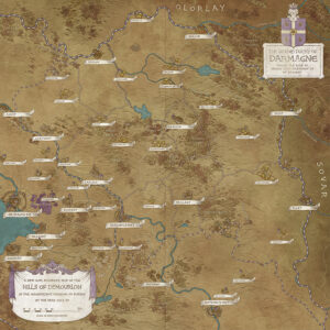 Hand-illustrated fantasy map of the Hills of Demourlon in the Grand Duchy of Darmagne, showing rivers, roads, towns, and heraldic symbols – perfect for noble court intrigue, historical campaigns, and worldbuilding reference.
