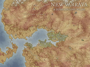 Adventure-ready map of New Varrava Bay, surrounded by wild terrain like the Ratora Tropics and Tyrant’s Valley. Ideal setting for colonial expansion, wild exploration, or resistance against dark empires.