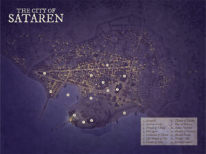Night map of Sataren, a bustling coastal city lit by lanterns. Features include Sataren Castle, Port of Sataren, Temple of Throda, and Acropolis—ideal for political intrigue, harbor adventures, or ancient ruins quests.