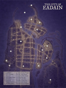 Glowing city map of Eadain by night, featuring shipyards, temples, and the Monastery of Armarra. Detailed street layout makes it perfect for urban quests, political games, or criminal networks.