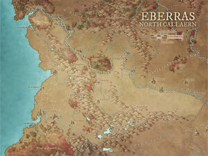 Massive regional map of Eberras, full of mountain ranges, forests, and ancient sites like the Elder Tree. Civilizations’ edge borders wildlands—ideal for frontier campaigns or map-based lore discovery.