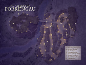 Night map of a cliffside monastery complex and village. Points of interest include Shrine of the Aledge, Hall of the Stone Guards, and Church of Dor de Millery—evokes spiritual trials and secluded magic orders.