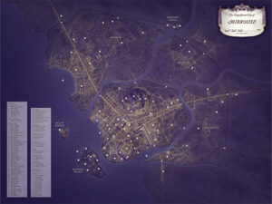 Dark mode version of Mirrouse, showing street lights and city layout in a stunning nighttime view. Details like the Imperial Palace and Harbor stand out, offering rich visual aid for nocturnal fantasy scenes.