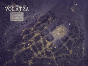 Dimly lit forest settlement featuring Haunter’s Hall and the Temple of Surya. Maze-like layout gives off a mystical aura—great for encounters involving magic, lost temples, or hidden resistance factions.