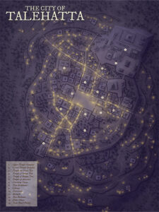 Intricate city map lit with magical glow, featuring a tiered temple complex, bathhouses, elite mansions, and a university. Perfect backdrop for high-society quests, magical academies, or cultic mysteries.