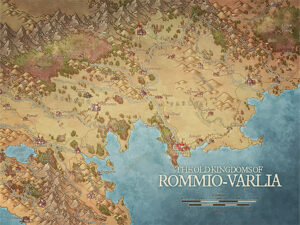 Political fantasy map of Rommio and Varlia, former kingdoms with sprawling forests, mountain ranges, and historic cities – designed for storytelling, exploration, and legacy conflicts in TTRPGs.