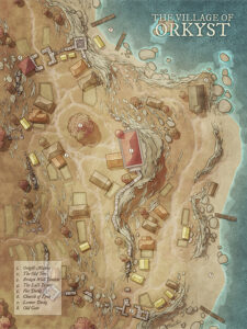 Coastal fantasy village map of Orkyst, featuring cliffside terrain, manors, broken walls, and churches – ideal for nautical or frontier campaigns.