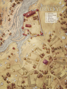 Top-down illustrated map of Graklyf, a fantasy village with castle, farmlands, watchtower, and churches, ideal for tabletop roleplaying campaigns.