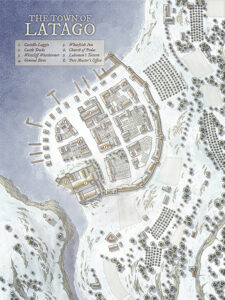 Snowy fantasy port town of Latago, nestled in the cliffs with docks, inns, and a castle. Map perfect for wintry coastal quests, shipping conflicts, or remote northern worldbuilding scenes.