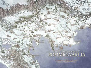 Icy variant of Rommio–Varlia, with mountain ranges, cities, and ruins blanketed in snow. Excellent for frozen realm campaigns, kingdom exploration, and ancient dynasties in cold fantasy landscapes.