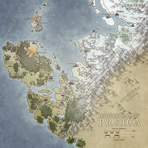 Epic coastal fantasy map showing the rugged Broken Bay of Preica. Includes jagged mountains, island ruins, and trade ports. Ideal setting for smuggler routes, lost relics, and sea-trade power struggles.
