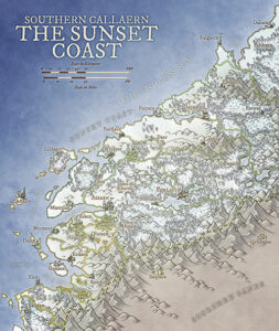 Fantasy regional map of Southern Callaern’s Sunset Coast, showing cities, forests, mountains, and rivers along the Endless Sea—rich in lore and perfect for adventure routes in high-fantasy settings.