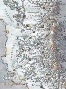 Mountain realm map of South Sovar, featuring dense forests, alpine villages, and a snaking range of peaks. Includes settlements like Sassarras, Renell, and Omberswood—ideal for rugged travel, border conflicts, and wildland campaigns.