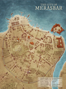 Fantasy city map of Merasbar, a walled coastal hub with a central castle, shipyard, and temples. Highlights include the Garden of Miri and the Stone of Meras—perfect for sea-trade politics, naval defense, and divine intrigue.