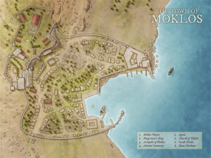 Fantasy coastal town map of Moklos with palace ruins, acropolis, ancient cemetery, and a working harbor – great for exploration, archaeology, or portside intrigue in RPGs.