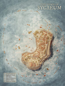 Island fortress map of Sycaeum, with its circular layout, acropolis, and surrounding harbor outposts. Ideal for island-based campaigns, pirate intrigue, or ancient temple exploration in a secluded maritime domain.