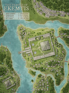 Tropical temple map centered on Ekemtis, with labyrinthine sanctuaries, market piers, and sacred hills. A perfect location for divine mysteries, jungle rituals, and river-crossing quests in a lush fantasy world.