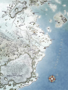 Frost-covered map of the Murr Shore along the Endeleas Sea. Snow-draped forests, icy peaks, and windswept coastlines define this wintry frontier—ideal for harsh survival, frost magic, and ancient northern ruins.