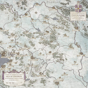 Snow-covered duchy map of Darmagne, with bannered cities, wooded hills, and river-spanning roads. A political fantasy landscape for courtly drama, traveling merchants, or regional power struggles in winter kingdoms.