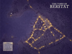 Nighttime fantasy village map of Berstat, glowing with lantern-lit streets, harbor docks, and the Church of Aladar. Ideal for stealth missions, quiet intrigue, or mystery-laden story arcs in a coastal town setting.