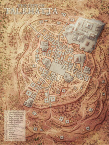 Sunlit map of Talehatta, a hilltop city built around temples, markets, and elite villas. Features the Temple of Sunya Tirra and bathing houses—ideal for campaigns involving mysticism, class divisions, or spiritual orders.