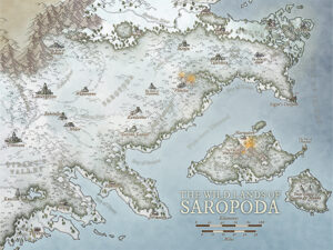 Wilderness map of Saropoda, filled with snow-covered mountains, scattered villages, ancient ruins, and beast-haunted forests. Excellent fantasy map for overland campaigns and mythical wildland encounters.