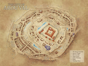 Fantasy city map of Arou Val, built in concentric rings with temples, keeps, and workshops. Ideal for empire-centric campaigns, city intrigue, or siege scenarios.