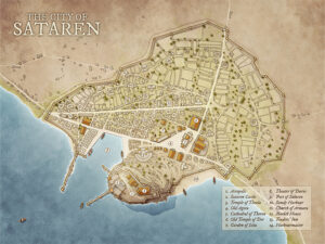 Seaside fortress city of Sataren with its towering acropolis, temple complex, and dual harbors. A high-fantasy map excellent for political power struggles, ancient worship, and coastal trade intrigues.