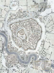 Icy winter city map of Wolfgar, encircled by walls and frozen rivers. Features markets, moats, and bridges—great for snowy stronghold settings, political cold war scenarios, or frozen kingdom lore.