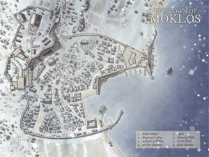 Snow-covered town of Moklos, built around steep cliffs and a central palace. Includes ports, docks, and graveyards, making it ideal for coastal mysteries or frozen trade disputes.