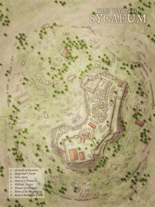 Fantasy hilltop town of Sycaeum with walled quarters, scattered ruins, and signs of a long-lost civilization. Perfect for archaeology-driven quests or post-cataclysmic story arcs.