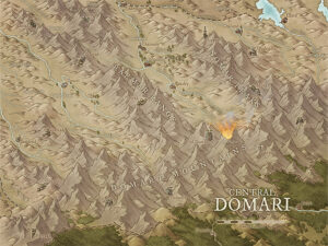 Mountain region map of Central Domari, showcasing the rugged Domart Mountains and Raelmar Range. Ideal for high fantasy campaigns with perilous mountain treks, dragon lairs, and hidden fortresses.