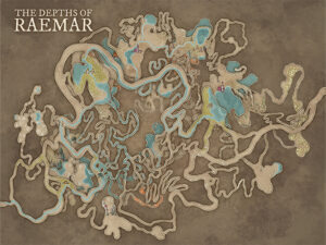Colorful underground cave system map of Raemar, filled with twisting tunnels, glowing pools, and hidden chambers. Perfect for dungeon-crawling adventures, lost civilizations, and underground horrors.