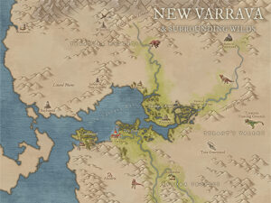 Fantasy frontier map of New Varraya, featuring jungles, swamps, ruins, and beast-infested territories. Great for colonial outpost stories, lost temples, and survival quests in untamed wilderness.
