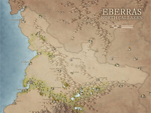 Sweeping fantasy map of Eberras in North Callaern, filled with dry valleys, border towns, and rugged foothills. Great for large-scale military campaigns, frontier survival, and ruined kingdom discovery.