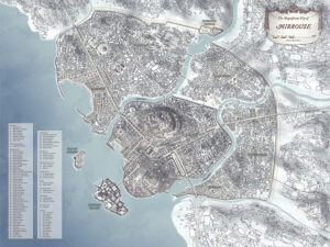 Snow-draped map of Mirrouse, a massive fantasy city divided by rivers and canals. Shows the central fortress, districts, and floating palace—ideal for winter-based urban stories or capital-city intrigue.