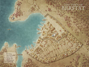 Charming fantasy town map of Berstat, with colorful autumn trees, a harbor, and rustic buildings. Great for harvest festivals, cozy roleplay, or border town tension.