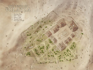 Desert town map of Volatza with a large central temple complex and clustered homes. Ideal for tribal lore, forgotten gods, or stories involving desert mystics and lost civilizations.