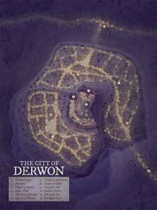 Moody nighttime city map of Derwon, with glowing roads winding through a hilltop keep and temple districts. Ideal for stealth missions, urban intrigue, or secret cult activity beneath the stars.