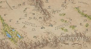 Expansive regional fantasy map of the Great Vale, covering two major valleys, vast forests, and mountain ridges. Best suited for kingdom-spanning quests, border skirmishes, and wildland journeys.