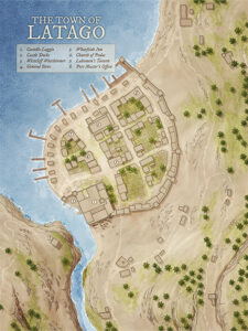 Fantasy port town of Latago with cliffside views, ship docks, and lush orchards. A coastal gem perfect for sea trade, isolated adventures, or mountain-harbor campaign settings.