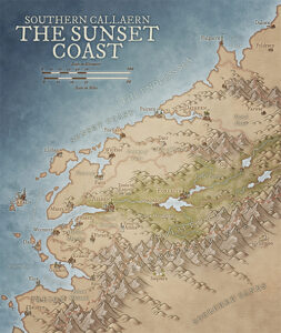 Detailed regional fantasy map showing the Sunset Coast along the Endless Sea. Forests, cities, and rocky cliffs ideal for epic seafaring, frontier colonies, or western-style high fantasy.