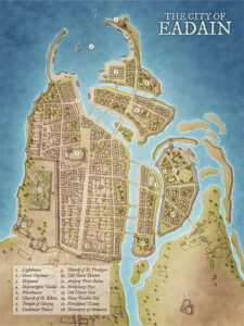 Island city of Eadain, complete with harbors, churches, guildhalls, and temples. A versatile coastal metropolis for urban intrigue, seafaring politics, or divine drama in a bustling port.